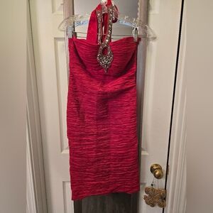 Elegant Red Halter Dress with Embellished Neckline